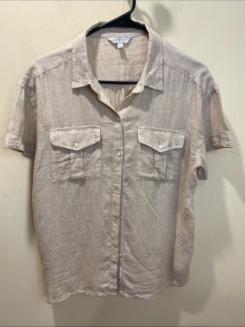 Lucky Brand Short-Sleeve Button-Down Shirt in Natural Beige Sz S